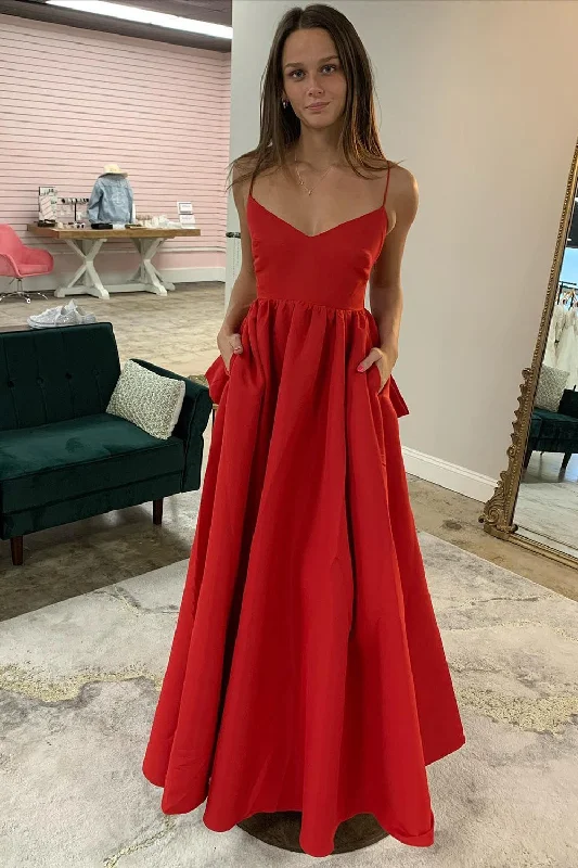 Gothic - style party dresses for a dark and mysterious lookA Line Spaghetti Straps Red Long Prom Dress with Pockets Gothic - style party dresses for a dark and mysterious lookA Line Spaghetti Straps Red Long Prom Dress with Pockets