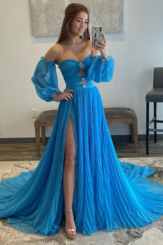Party dresses with a denim material for a casual yet stylish lookBlue Detachable Sleeves Cut-Out Long Prom Dress with Beading Party dresses with a denim material for a casual yet stylish lookBlue Detachable Sleeves Cut-Out Long Prom Dress with Beading