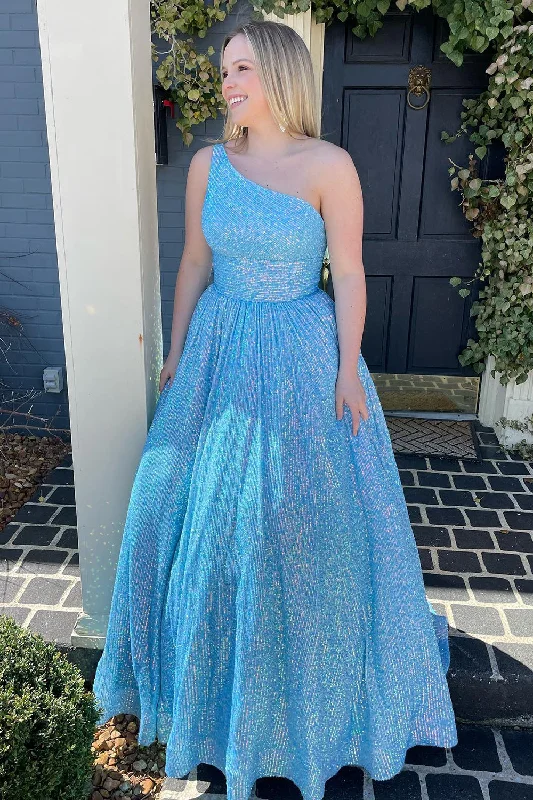 Sparkly sequined party dresses for a glamorous lookBlue One Shoulder A Line Sequins Prom Dress Sparkly sequined party dresses for a glamorous lookBlue One Shoulder A Line Sequins Prom Dress