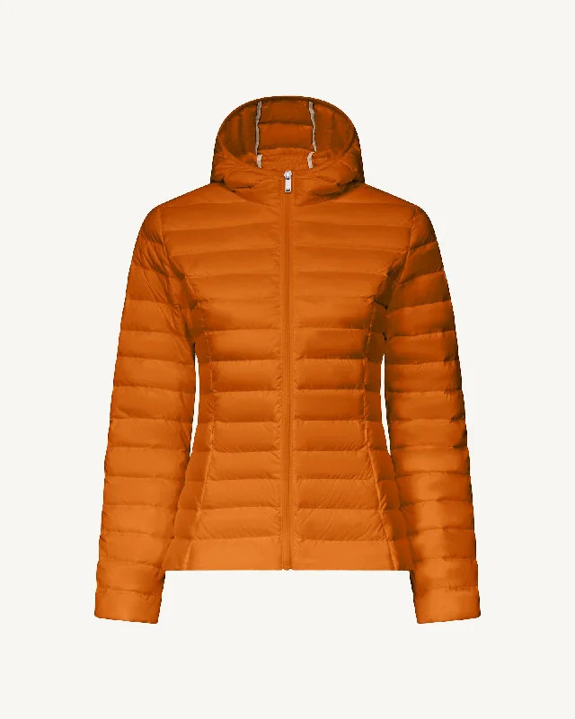 down coat for winter photography tripsBurnt orange Cloe lightweight hooded puffer jacket down coat for winter photography tripsBurnt orange Cloe lightweight hooded puffer jacket