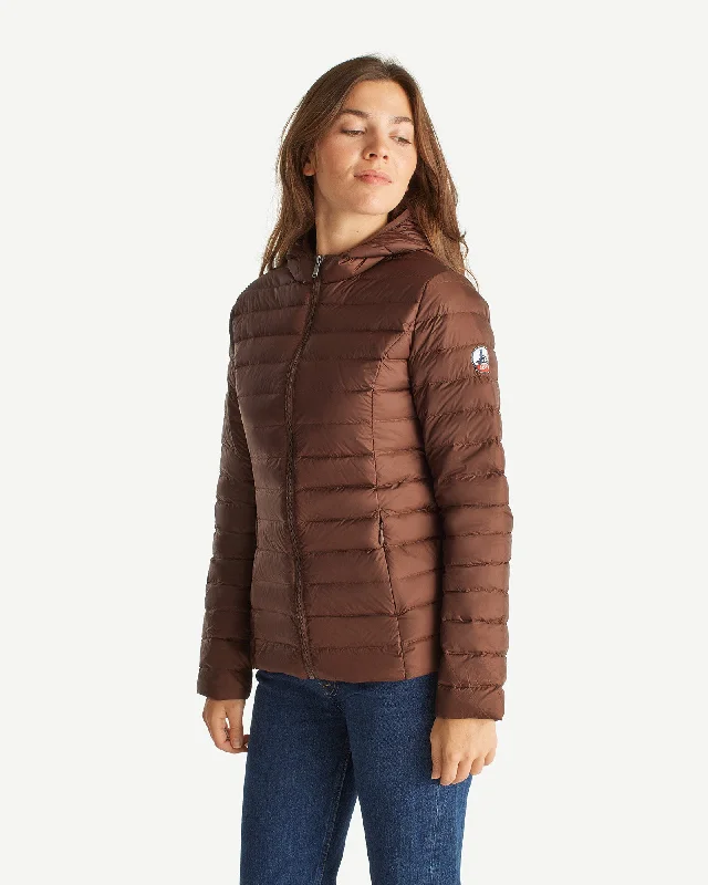 packable down coat for travelDark chocolate Cloe lightweight hooded puffer jacket packable down coat for travelDark chocolate Cloe lightweight hooded puffer jacket