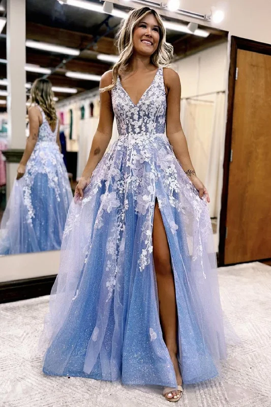 Party dresses with a handkerchief hem for a unique and flowing styleGlitter Blue Lace A-Line Long Prom Dress with Flowers and Pockets Party dresses with a handkerchief hem for a unique and flowing styleGlitter Blue Lace A-Line Long Prom Dress with Flowers and Pockets