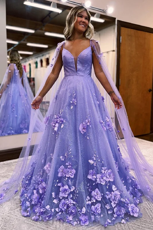 Party dresses with a tiered skirt for a fun and voluminous style​Glitter Purple A-Line Long Prom Dress with 3D Flowers
