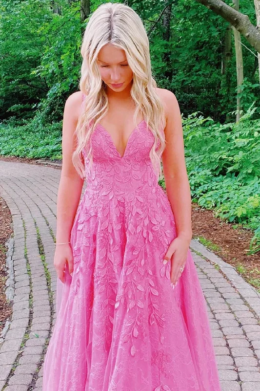 Party dresses with a paisley pattern for a bohemian - inspired lookGorgeous A Line Spaghetti Straps Pink Long Prom Dress with Appliques Party dresses with a paisley pattern for a bohemian - inspired lookGorgeous A Line Spaghetti Straps Pink Long Prom Dress with Appliques