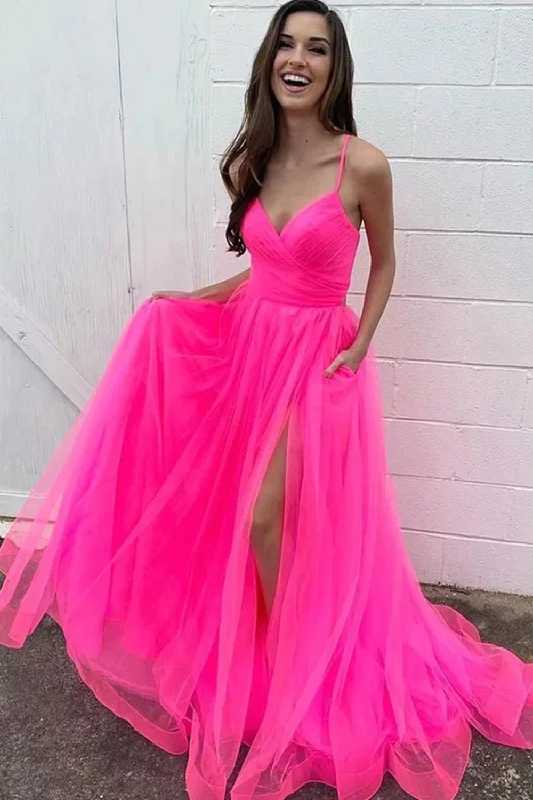 Plus - size party dresses with a flattering cut for all body typesHot Pink A-Line Tulle Long Prom Dress with Pockets Plus - size party dresses with a flattering cut for all body typesHot Pink A-Line Tulle Long Prom Dress with Pockets