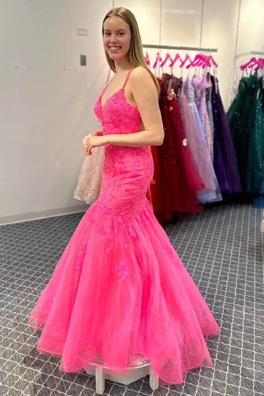 Party dresses with a jacquard pattern for a rich and detailed lookHot Pink Mermaid Spaghetti Straps Long Prom Dress with Lace Party dresses with a jacquard pattern for a rich and detailed lookHot Pink Mermaid Spaghetti Straps Long Prom Dress with Lace