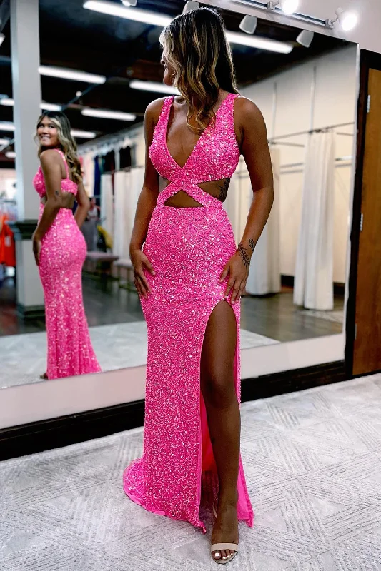 Party dresses with a one - shoulder design for a modern and unique lookHot Pink Sequins Hollow-Out Mermaid Prom Dress Party dresses with a one - shoulder design for a modern and unique lookHot Pink Sequins Hollow-Out Mermaid Prom Dress