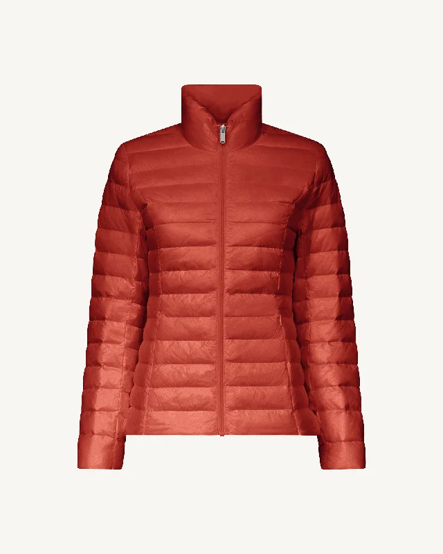 short down coat for active women​Intense rust Cha lightweight puffer jacket