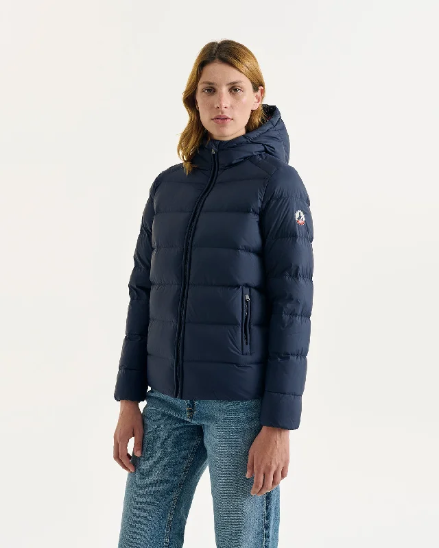 down coat for motorcycling in cold climatesJohanna straight-cut hooded down jacket Navy down coat for motorcycling in cold climatesJohanna straight-cut hooded down jacket Navy