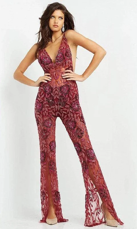 Formal dresses with pleated yokes and button - up fronts for a classic and refined lookJovani - 04402 V Neck See Through Beaded Jumpsuit Formal dresses with pleated yokes and button - up fronts for a classic and refined lookJovani - 04402 V Neck See Through Beaded Jumpsuit