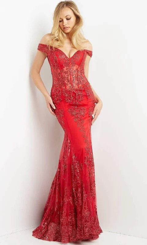 Prom dresses with one - shoulder designs and feather accents for a bold statementJovani - 06369 Off Shoulder Embellished Mermaid Gown Prom dresses with one - shoulder designs and feather accents for a bold statementJovani - 06369 Off Shoulder Embellished Mermaid Gown