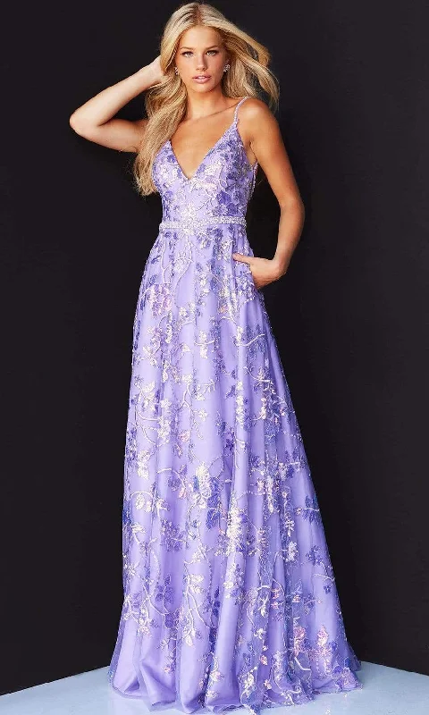 Mermaid - cut formal dresses in satin for a glamorous prom nightJovani - 06814 V-Neck Floral Embroidered Dress Mermaid - cut formal dresses in satin for a glamorous prom nightJovani - 06814 V-Neck Floral Embroidered Dress