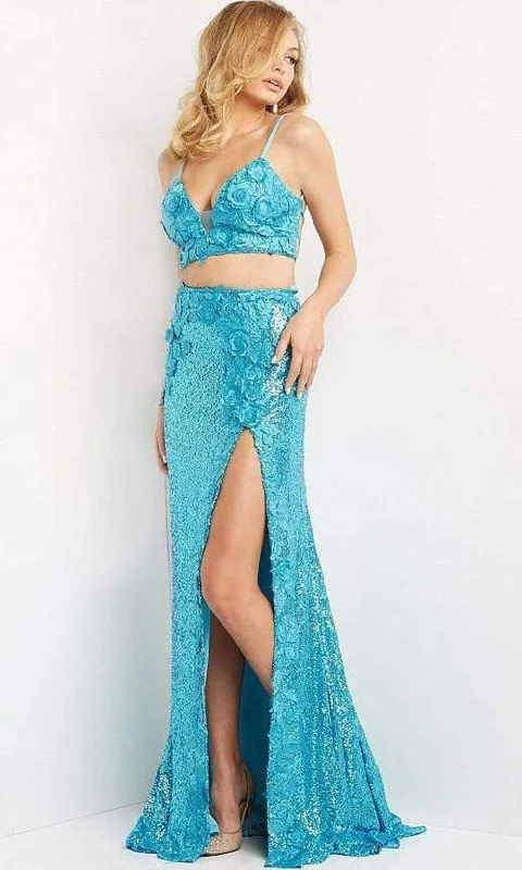 Long - sleeved formal dresses in velvet for a winter formal eventJovani - 08471 Floral Applique Two-Piece High Slit Sequin Prom Dress Long - sleeved formal dresses in velvet for a winter formal eventJovani - 08471 Floral Applique Two-Piece High Slit Sequin Prom Dress