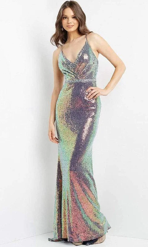 Formal dresses with one - shoulder ruffled straps and sequined bodices for a trendy and eye - catching lookJVN by Jovani - JVN06391 V Neck Holographic Shimmer Gown Formal dresses with one - shoulder ruffled straps and sequined bodices for a trendy and eye - catching lookJVN by Jovani - JVN06391 V Neck Holographic Shimmer Gown