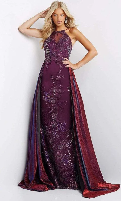 Prom dresses with one - shoulder ruffled straps and geometric patterns for a contemporary and eye - catching formal eventJVN by Jovani - JVN07379 Halter Overskirt Beaded Gown Prom dresses with one - shoulder ruffled straps and geometric patterns for a contemporary and eye - catching formal eventJVN by Jovani - JVN07379 Halter Overskirt Beaded Gown