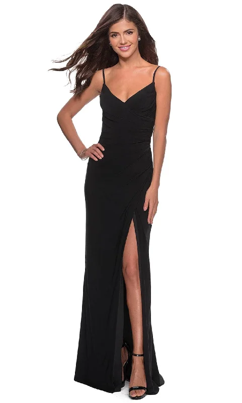 Prom dresses with lace - trimmed hems and off - the - shoulder necklines for a delicate lookLa Femme - 28079 Long Surplice High Slit Jersey Gown Prom dresses with lace - trimmed hems and off - the - shoulder necklines for a delicate lookLa Femme - 28079 Long Surplice High Slit Jersey Gown