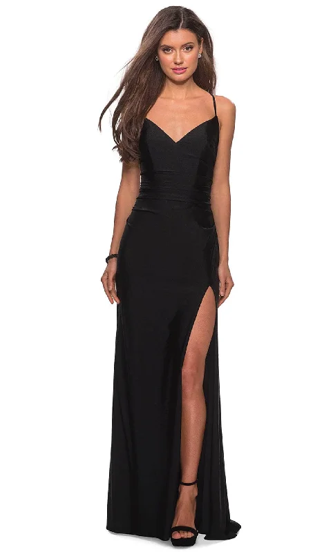 A - line formal dresses with beaded lace appliques for formal eventsLa Femme - 28206 Long Crisscross Strapped High Slit Sheath Gown A - line formal dresses with beaded lace appliques for formal eventsLa Femme - 28206 Long Crisscross Strapped High Slit Sheath Gown