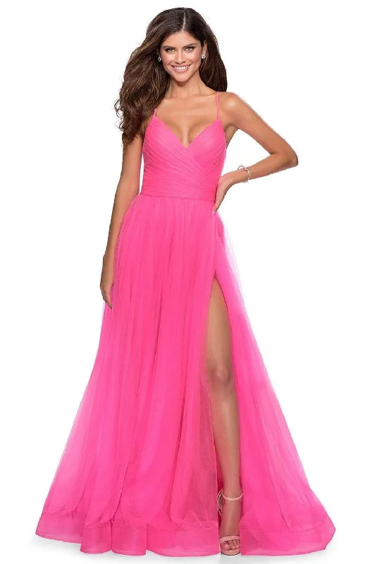 A - line formal dresses with beaded lace appliques for formal eventsLa Femme - 28561 Ruched Tulle A-Line Dress with Slit A - line formal dresses with beaded lace appliques for formal eventsLa Femme - 28561 Ruched Tulle A-Line Dress with Slit