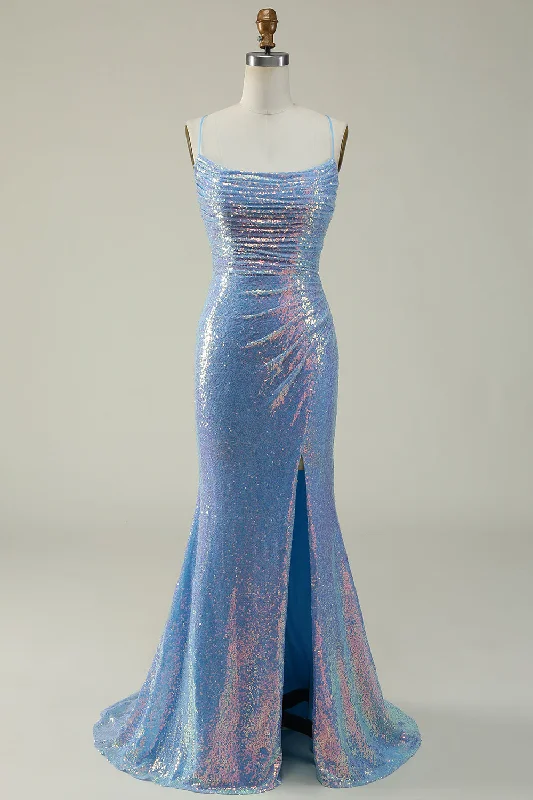 Party dresses with a sheer panel for a hint of allureLace-Up Back Sparkly Sequins Blue Long Prom Dress with Slit Party dresses with a sheer panel for a hint of allureLace-Up Back Sparkly Sequins Blue Long Prom Dress with Slit