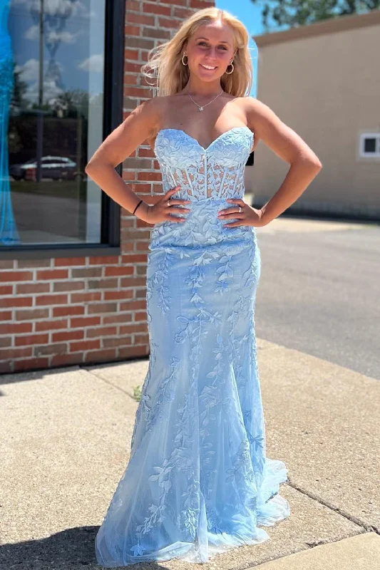 Fairy - themed party dresses with wings and glitter for a magical lookLight Blue Sweetheart Lace-Up Long Mermaid Prom Dress with Appliques Fairy - themed party dresses with wings and glitter for a magical lookLight Blue Sweetheart Lace-Up Long Mermaid Prom Dress with Appliques