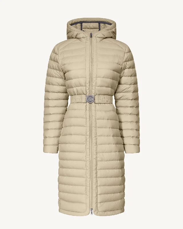 down coat for winter horseback riders​Lisy long hooded down jacket Beige