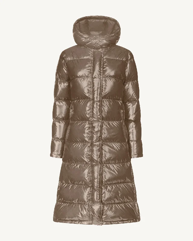 down coat with detachable fur trim​Long hooded lacquered down jacket Taupe Karachi