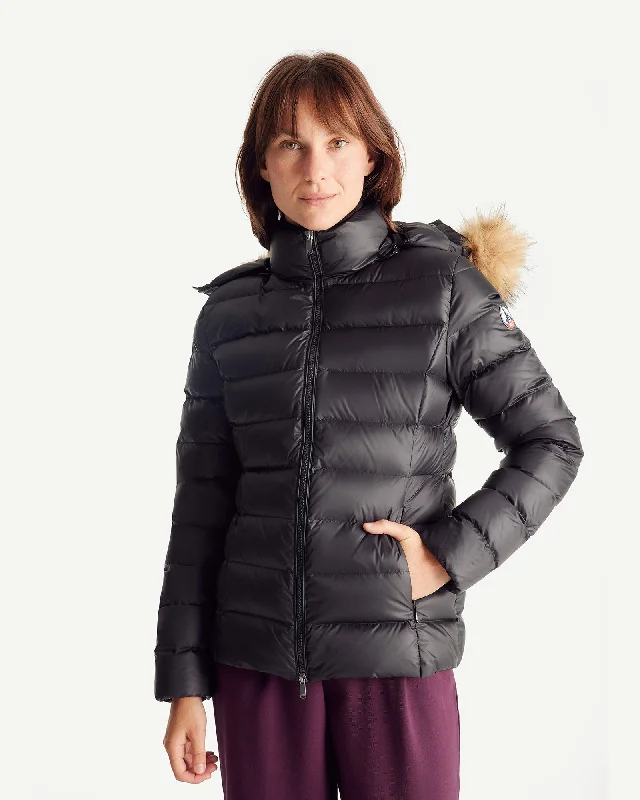 down coat for snowshoeing​Luxe Extreme Cold hooded down jacket Black