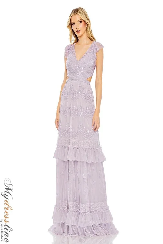 Prom dresses with tiered ruffled sleeves and satin skirts for a feminine and voluminous lookMac Duggal 9167 Prom dresses with tiered ruffled sleeves and satin skirts for a feminine and voluminous lookMac Duggal 9167
