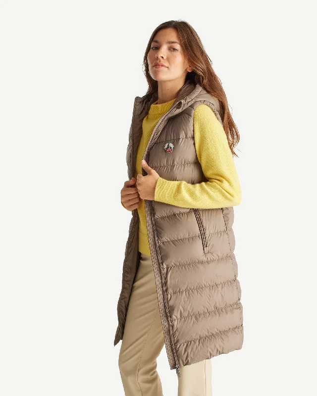down coat with adjustable drawstrings​Manon long sleeveless down jacket Taupe