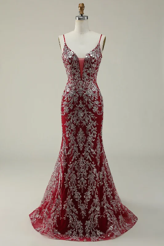Party dresses with a detachable train for added versatility​Mermaid Spaghetti Straps Sequins Burgundy Long Prom Dress with Bronzing