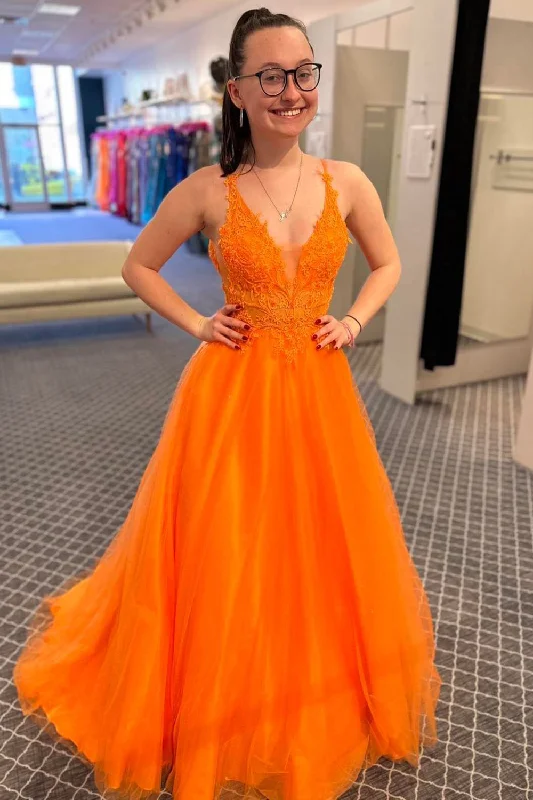 Party dresses with a criss - cross back design for a stylish detailOrange A-Line V-Neck Long Tulle Prom Dress with Lace Party dresses with a criss - cross back design for a stylish detailOrange A-Line V-Neck Long Tulle Prom Dress with Lace