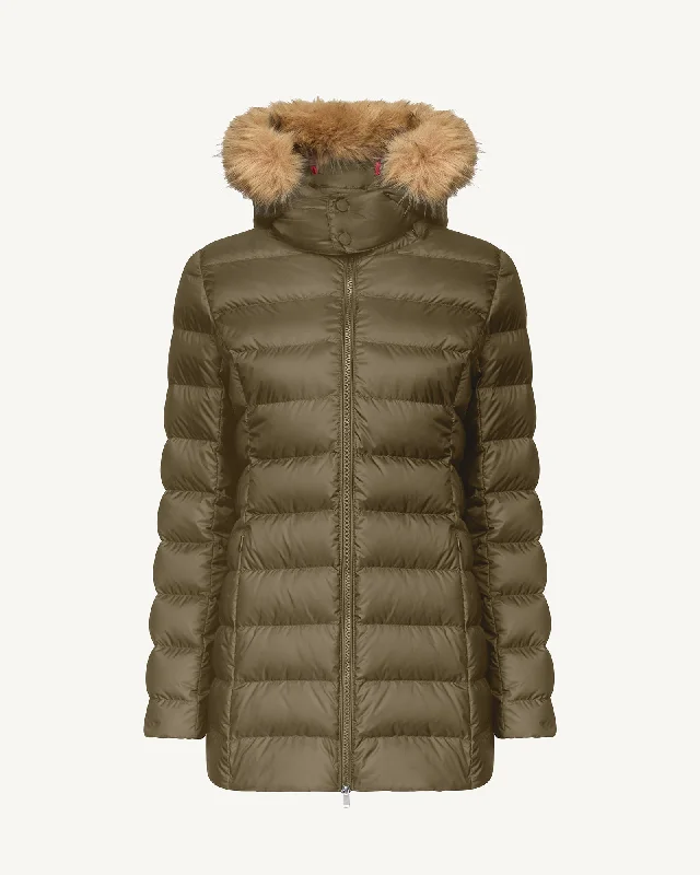 down coat for winter hikers with back supportPerle Extreme Cold mid-length down jacket Army down coat for winter hikers with back supportPerle Extreme Cold mid-length down jacket Army