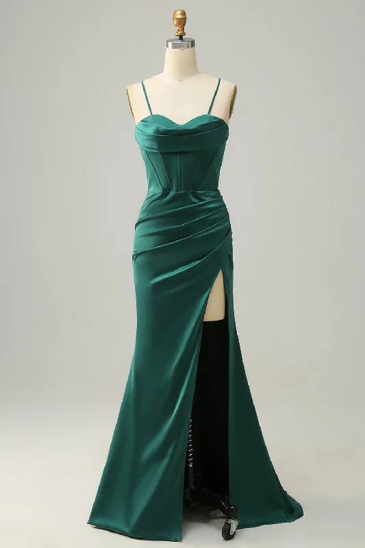 Party dresses with a detachable train for added versatilitySpaghetti Straps Dark Green Satin Corset Prom Dress Party dresses with a detachable train for added versatilitySpaghetti Straps Dark Green Satin Corset Prom Dress
