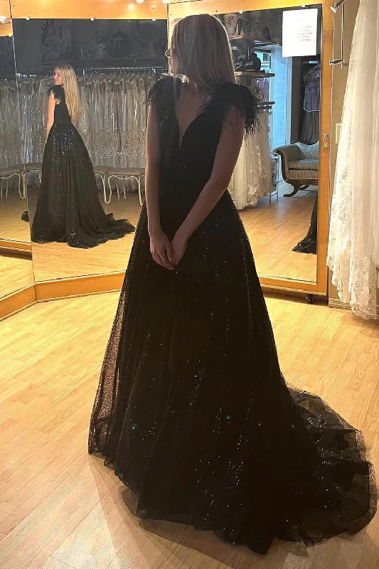Party dresses with a pom - pom trim for a fun and festive touchSparkly A-Line Black Sequins Long Prom Dress with Slit Party dresses with a pom - pom trim for a fun and festive touchSparkly A-Line Black Sequins Long Prom Dress with Slit