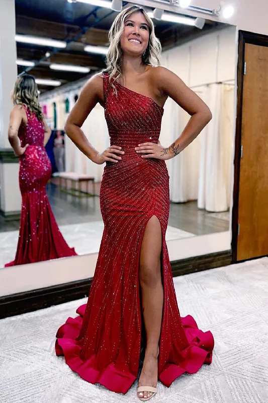 Cocktail party dresses in a classic little black dress style​Sparkly Burgundy Beaded One Shoulder Long Prom Dress with Slit