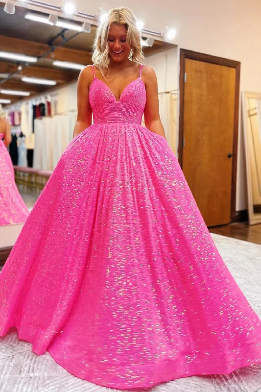 Party dresses with a jacquard pattern for a rich and detailed lookSparkly Hot Pink Sequins A-Line Long Prom Dress Party dresses with a jacquard pattern for a rich and detailed lookSparkly Hot Pink Sequins A-Line Long Prom Dress