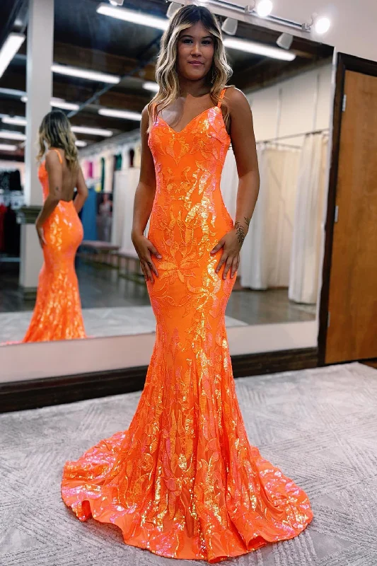 Party dresses with a V - neck design to enhance the necklineSparkly Mermaid Orange Sequins Long Prom Dress Party dresses with a V - neck design to enhance the necklineSparkly Mermaid Orange Sequins Long Prom Dress