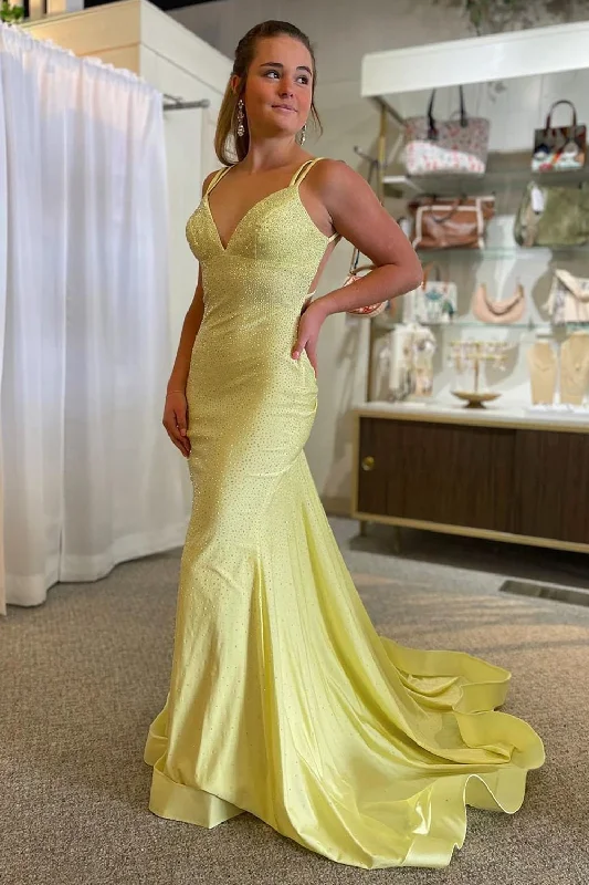 Backless party dresses for a sexy and alluring appearanceSparkly Mermaid Spaghetti Straps Yellow Sequins Long Prom Dress Backless party dresses for a sexy and alluring appearanceSparkly Mermaid Spaghetti Straps Yellow Sequins Long Prom Dress