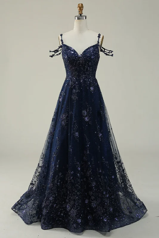 Party dresses with a one - shoulder design for a modern and unique lookSparkly Spaghetti Straps Sequins Navy Ball Gown Dress Party dresses with a one - shoulder design for a modern and unique lookSparkly Spaghetti Straps Sequins Navy Ball Gown Dress