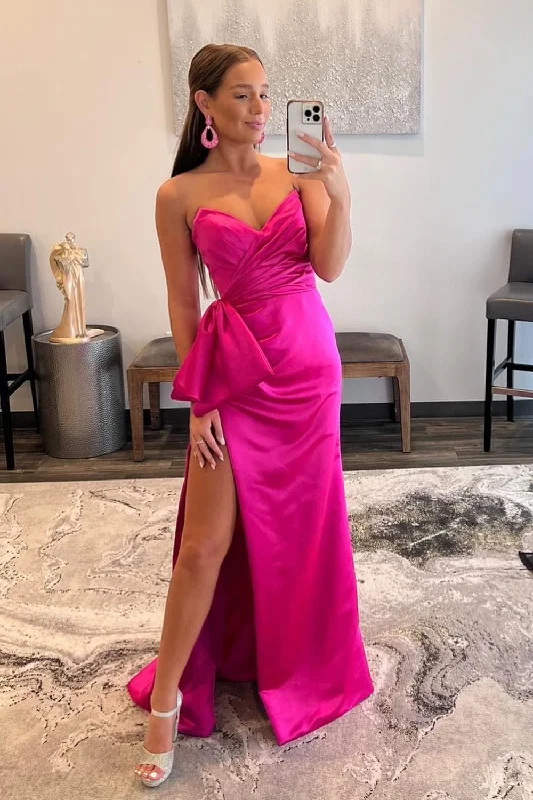 Party dresses with a sheer panel for a hint of allure​Sweetheart Hot Pink Long Prom Dress with Split Front