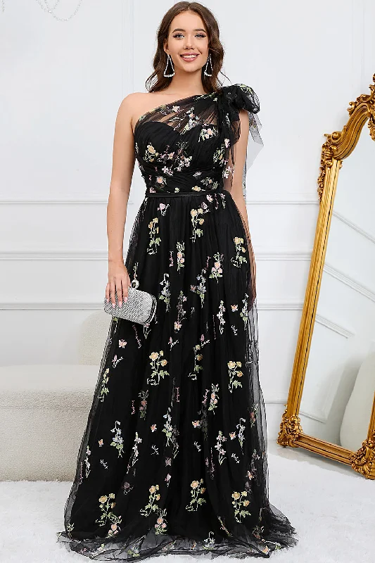 Long - length party dresses with a high - low hem for a trendy styleTulle One Shoulder Black Long Prom Dress with Embroidery Long - length party dresses with a high - low hem for a trendy styleTulle One Shoulder Black Long Prom Dress with Embroidery