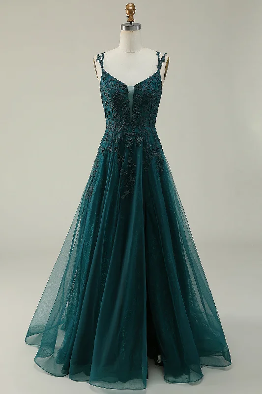 Party dresses with a mermaid silhouette for a figure - hugging fitTulle Spaghetti Straps Dark Green Ball Gown Dress with Appliques Party dresses with a mermaid silhouette for a figure - hugging fitTulle Spaghetti Straps Dark Green Ball Gown Dress with Appliques