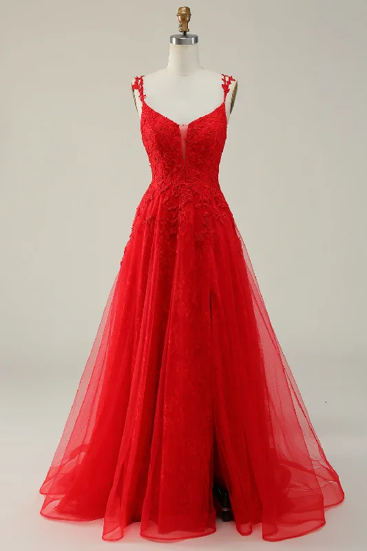 Party dresses with a metallic finish for a shiny and eye - catching effectTulle Spaghetti Straps Red Ball Gown Dress with Appliques Party dresses with a metallic finish for a shiny and eye - catching effectTulle Spaghetti Straps Red Ball Gown Dress with Appliques