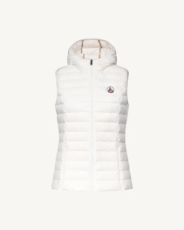 down coat with ribbed cuffs​White Mali lightweight sleeveless hooded puffer jacket