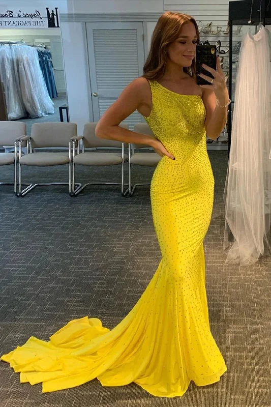 Party dresses with a peplum waist for a feminine and flattering silhouetteYellow Beaded Mermaid Prom Dress Party dresses with a peplum waist for a feminine and flattering silhouetteYellow Beaded Mermaid Prom Dress