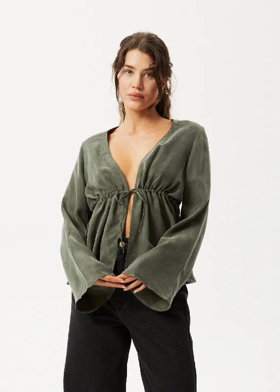 Cropped Women Long Sleeve Top to Pair with High - Waisted BottomsAFENDS Womens Grace - Cupro Tie Blouse - Deep Green Cropped Women Long Sleeve Top to Pair with High - Waisted BottomsAFENDS Womens Grace - Cupro Tie Blouse - Deep Green