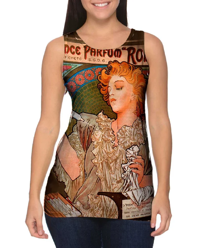 Crew Neck Women's Sustainable Tank Tops Made from Recycled MaterialsAlphonse Mucha - "Lance Parfum Rodo" (1896) Crew Neck Women's Sustainable Tank Tops Made from Recycled MaterialsAlphonse Mucha - "Lance Parfum Rodo" (1896)