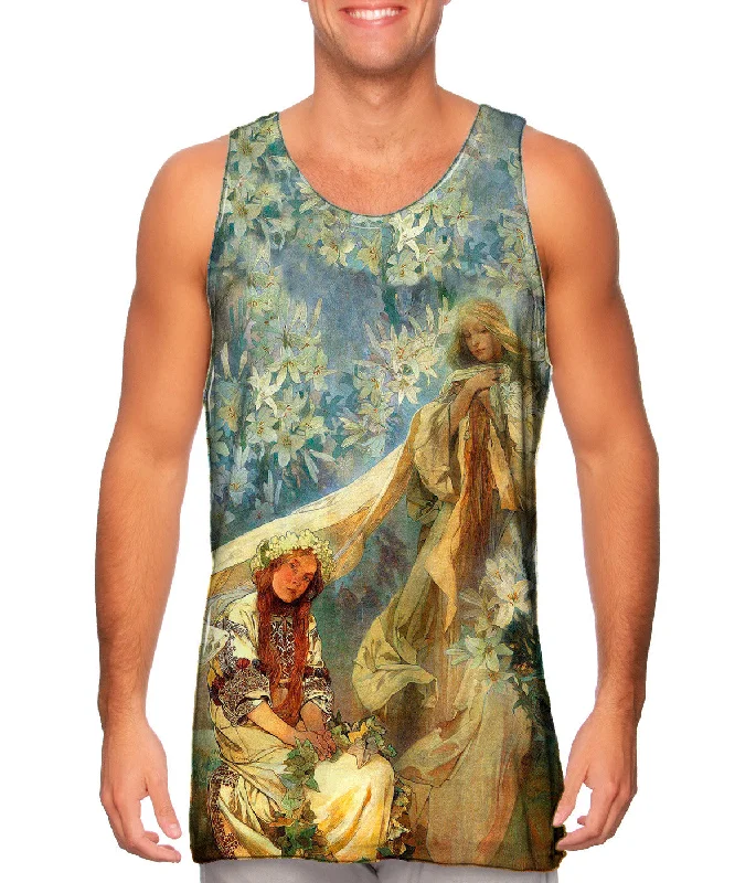 Women's Longline Tank Tops with Abstract PrintsAlphonse Mucha - "Madonna of the Lilies" (1905) Women's Longline Tank Tops with Abstract PrintsAlphonse Mucha - "Madonna of the Lilies" (1905)
