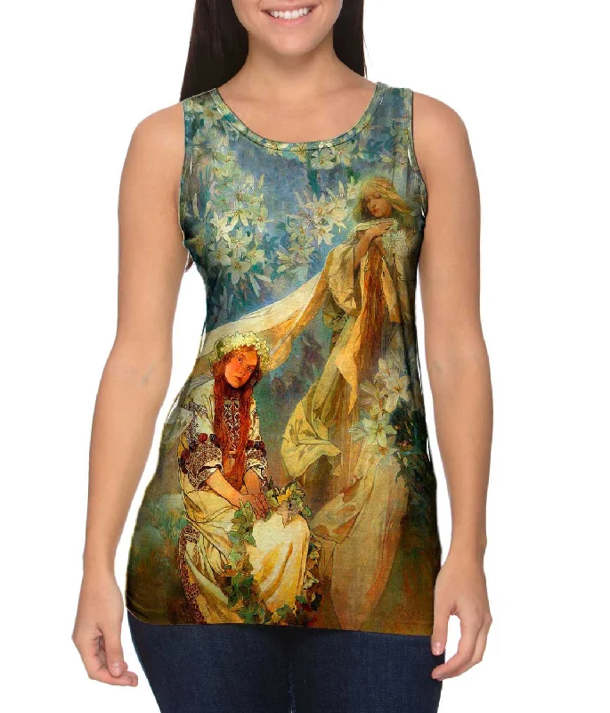 High - Neck Women's Silk Blend Tank Tops for a Luxurious FeelAlphonse Mucha - "Madonna of the Lilies" (1905) High - Neck Women's Silk Blend Tank Tops for a Luxurious FeelAlphonse Mucha - "Madonna of the Lilies" (1905)
