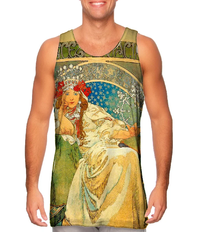 Plus Size Women's Puff - Sleeve Tank Tops in Pastel HuesAlphonse Mucha-Princess Hyacinth-1911 Plus Size Women's Puff - Sleeve Tank Tops in Pastel HuesAlphonse Mucha-Princess Hyacinth-1911
